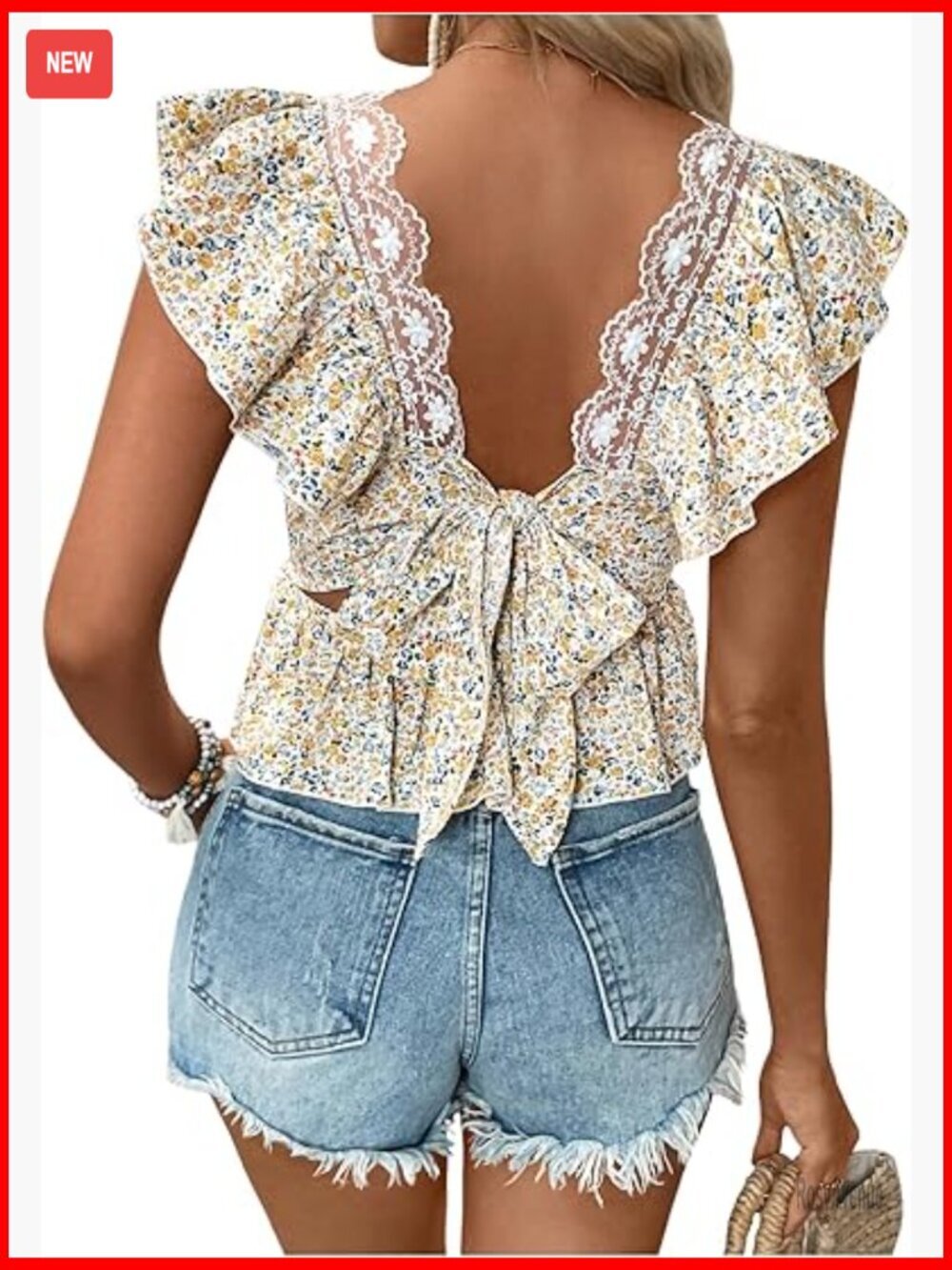 Floral Boho Ruffle Sleeve Peplum Top - Square Neck Tie Back
